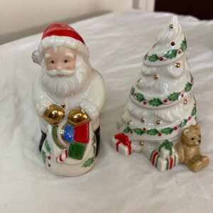 LENOX Salt Pepper Set - Christmas - Santa & Christmas Tree w Teddy Bear & Gifts